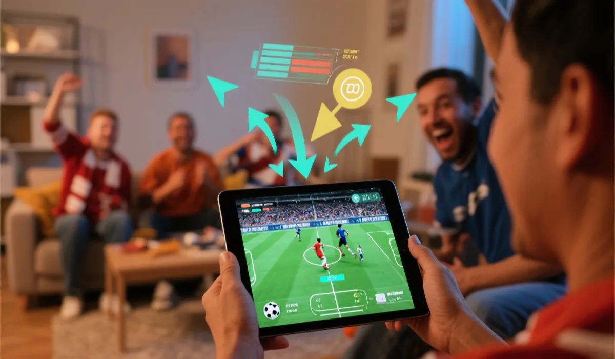 球迷在客厅使用平板AR观看世界杯比赛，屏幕叠加战术线路和实时数据
