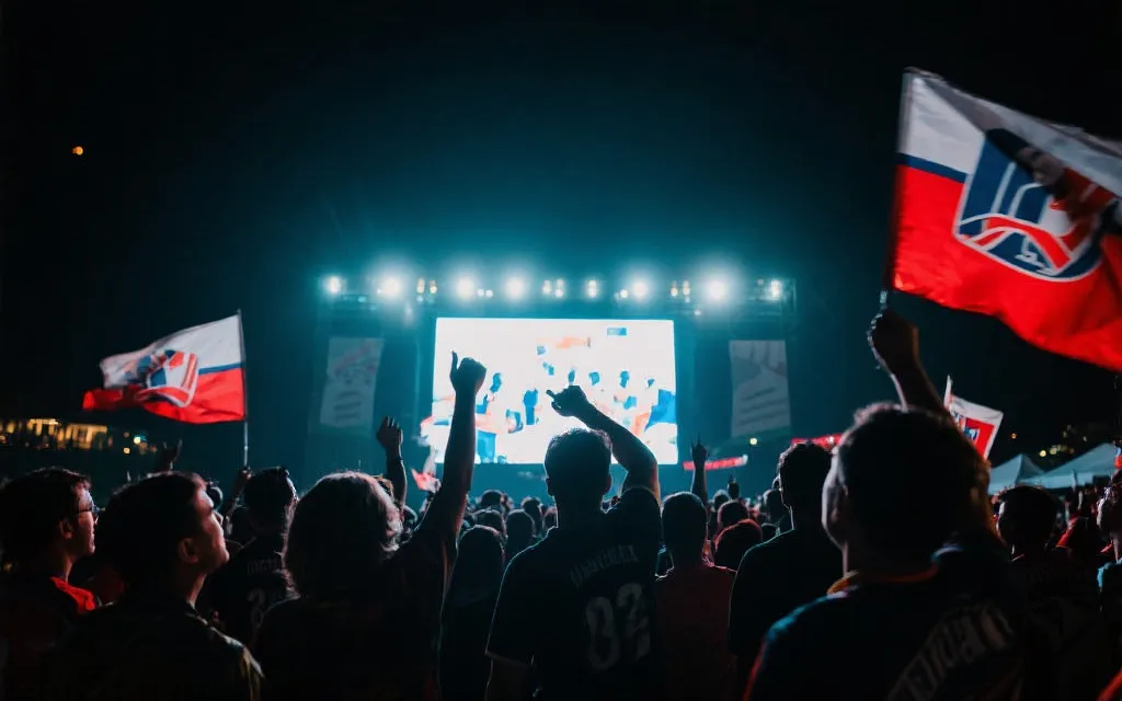 夜晚球迷区人群在大屏前合唱助威，灯光与旗帜形成电影感画面