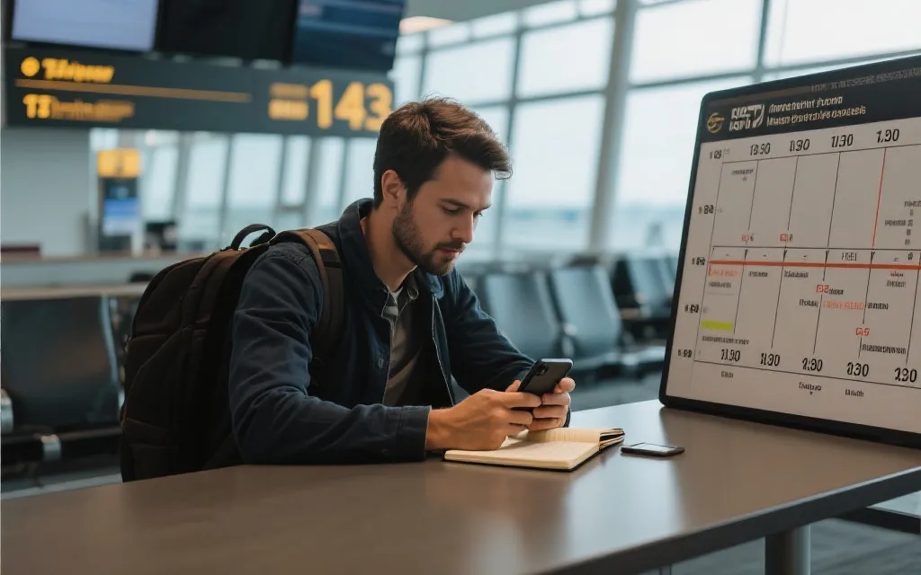 旅行者在机场用笔记本与手机重新规划中转路线与时间线，像战术板一样清晰