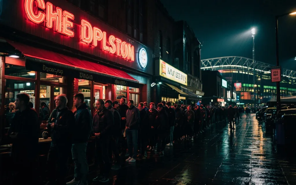 比赛结束后的球场外街区，球迷在餐馆与小吃店门口排队庆祝或安静散场