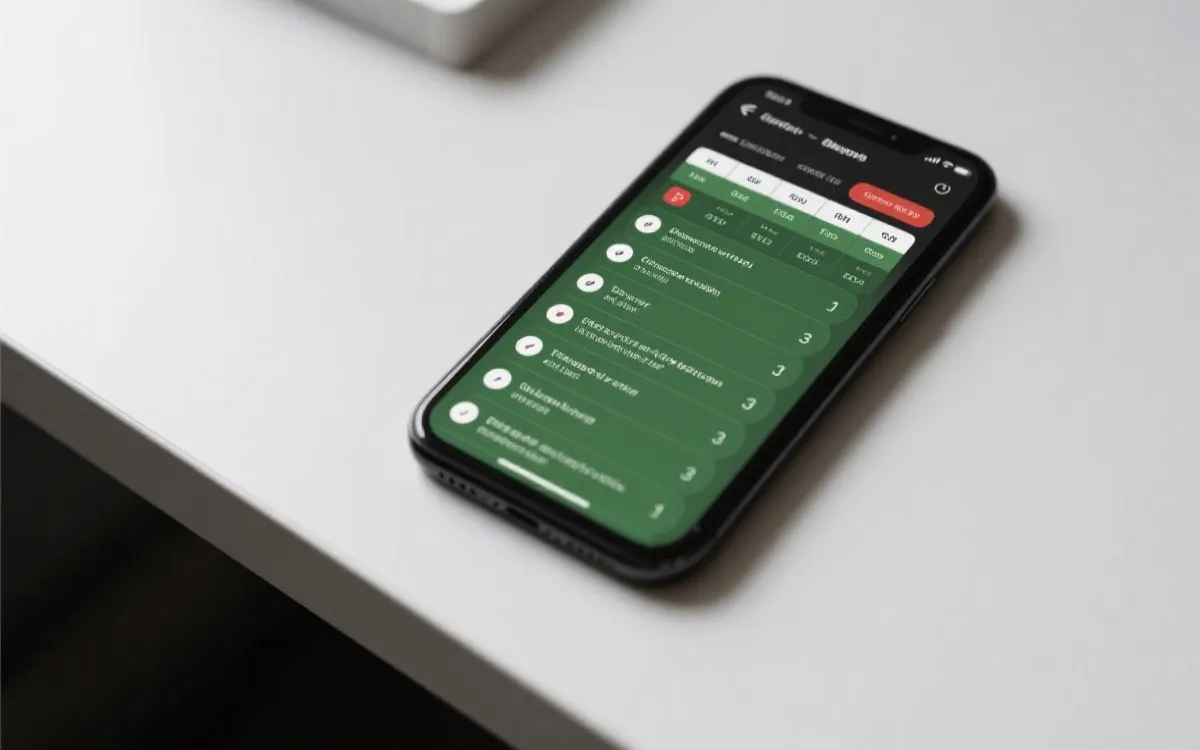 手机上查看赛事赛程与转播信息，旁边放着笔记本记录订阅要点